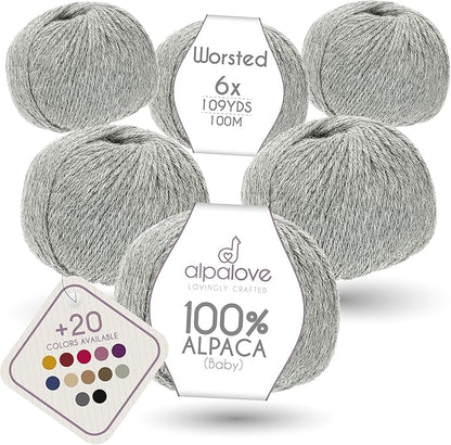 Worsted Set (6 x 1.75 oz) Super Soft Baby Alpaca Knitting Yarn Light Gray 656 Yards