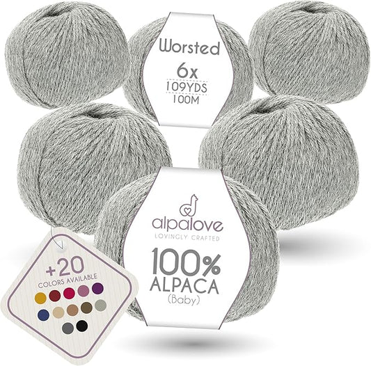 Worsted Set (6 x 1.75 oz) Super Soft Baby Alpaca Knitting Yarn Light Gray 656 Yards