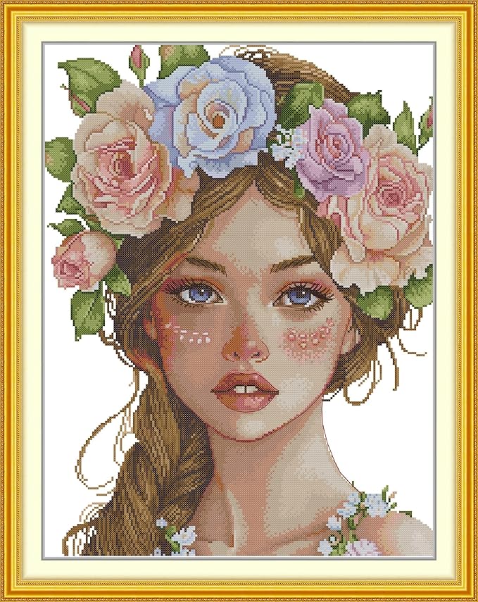 CrossNest 16CT Stamped Cross Stitch Kit for Beginners, HD Printed Complete DIY Embroidery Set with Pattern & Tools, Premium Aida Cloth & Threads (The Girl Wearing a Flower Wreath)