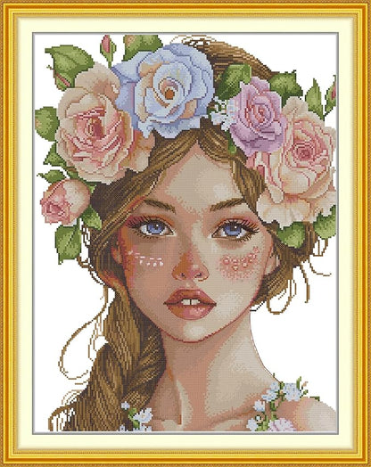 CrossNest 16CT Stamped Cross Stitch Kit for Beginners, HD Printed Complete DIY Embroidery Set with Pattern & Tools, Premium Aida Cloth & Threads (The Girl Wearing a Flower Wreath)