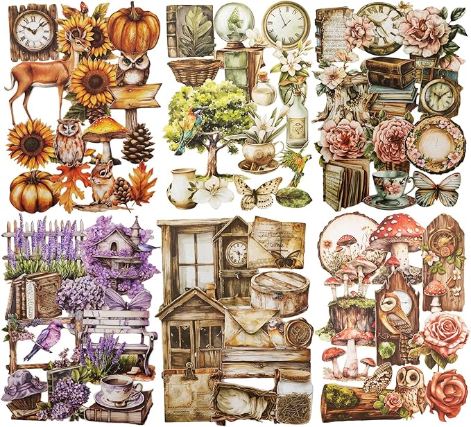 AuriicLeaf Woodland Forest Cardstock Sticker Set, 150PCS Vintage Nature-Themed Stickers for Scrapbooking, Journaling, Collage, and DIY Crafts