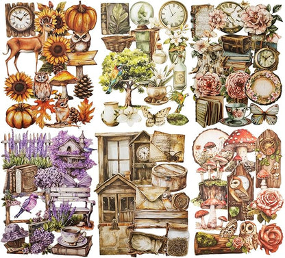 AuriicLeaf Woodland Forest Cardstock Sticker Set, 150PCS Vintage Nature-Themed Stickers for Scrapbooking, Journaling, Collage, and DIY Crafts