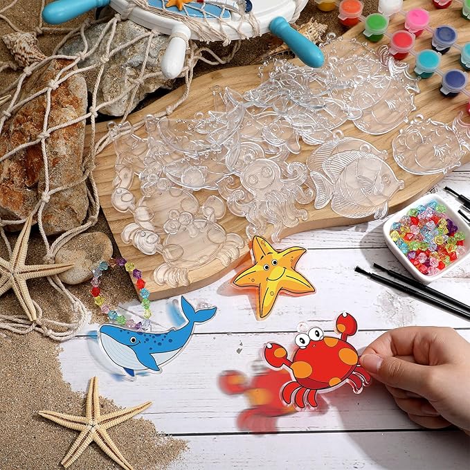 WinnerWhy 30 Sets Marine Animal Suncatchers Window Art Kits, DIY Sun Catchers Bulk Crafts Paint Your Own Window Sea Ocean Animal Ornaments for Adult Home Birthday Activity Party Decor