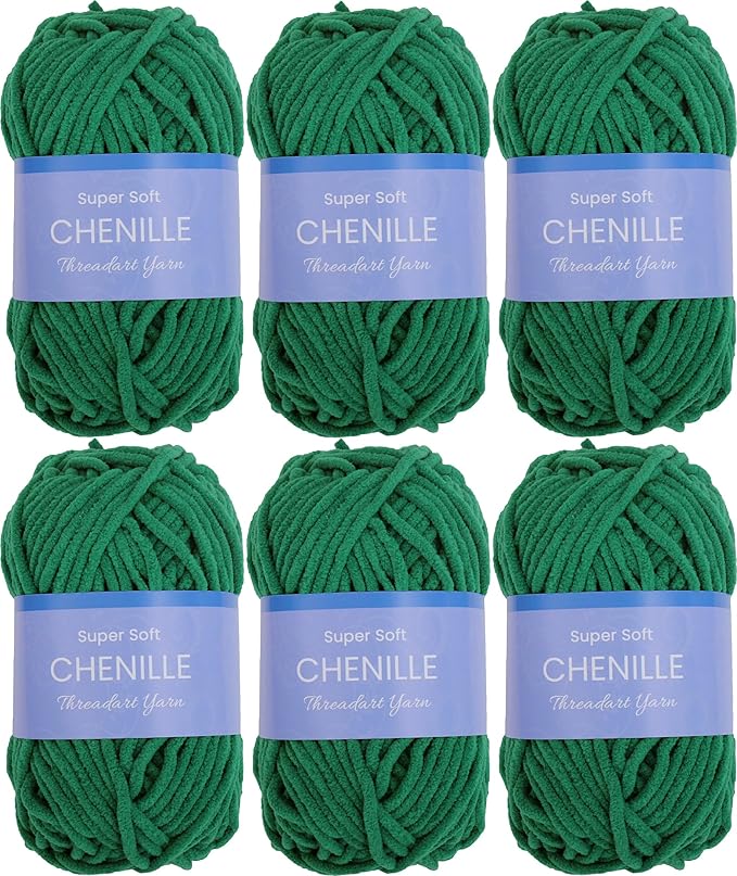 ThreadArt 6 Pack Super Soft Chenille Yarn for Crocheting, Knitting, Amigurumi, 50 Gram 60 yds #5 Fluffy Yarn Skeins - Pine Green