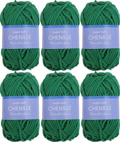 ThreadArt 6 Pack Super Soft Chenille Yarn for Crocheting, Knitting, Amigurumi, 50 Gram 60 yds #5 Fluffy Yarn Skeins - Pine Green