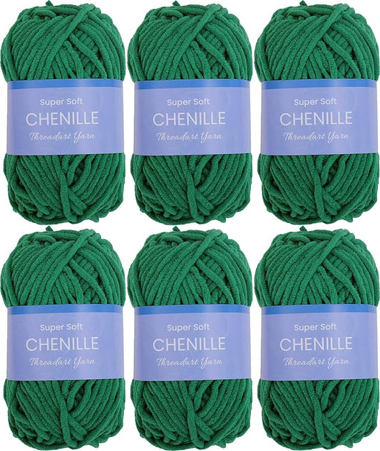 ThreadArt 6 Pack Super Soft Chenille Yarn for Crocheting, Knitting, Amigurumi, 50 Gram 60 yds #5 Fluffy Yarn Skeins - Pine Green