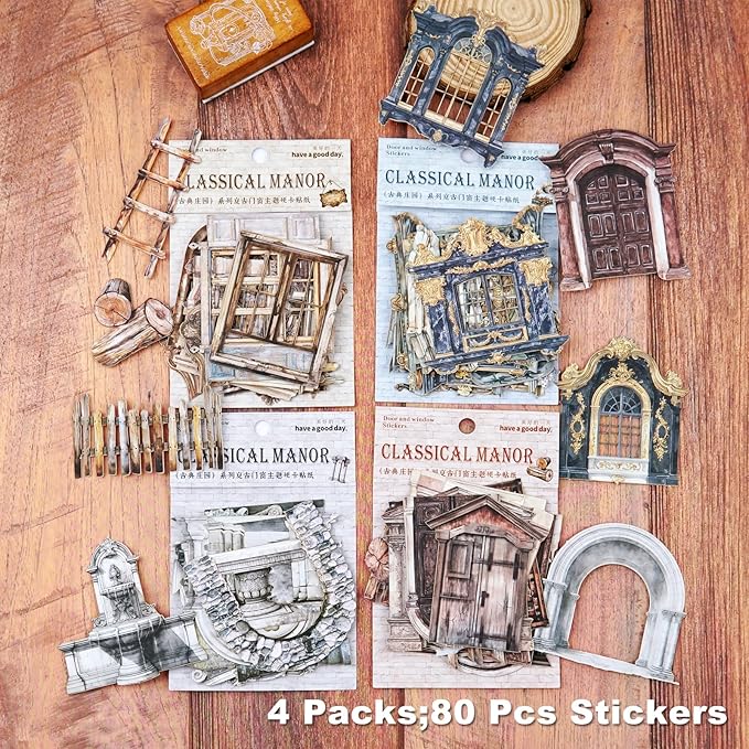 AuriicLeaf Retro Door and Window Cardstock Stickers, 80PCS Vintage Manor Ephemera for Scrapbooking, Journaling, DIY Crafts, and Planner Supplies