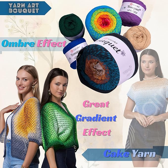 2 Skein Yarn Art Bouquet 100% Cotton 250grx2 550yardsx2 Multicolor Cotton Cake Yarn, Ombre More Softness, Gradient Rainbow Crochet Spring Summer Light 3, Top 5 Most Used Colors (Bouquet 722)