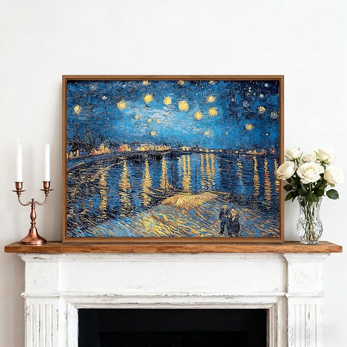 WENGTIAO Framed Canvas Wall Art of Starry Night Over The Rhone by Van Gogh Oil Paintings Famous Artist Reproduction Artwork Pictures Giclee Canvas Prints for Living Room Bedroom Study 12”x16”