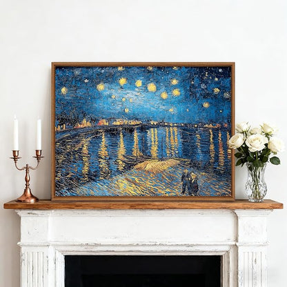 WENGTIAO Framed Canvas Wall Art of Starry Night Over The Rhone by Van Gogh Oil Paintings Famous Artist Reproduction Artwork Pictures Giclee Canvas Prints for Living Room Bedroom Study 12”x16”