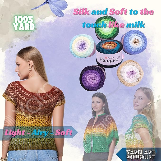 2 Skein Yarn Art Bouquet 100% Cotton 250grx2 550yardsx2 Multicolor Cotton Cake Yarn, Ombre More Softness, Gradient Rainbow Crochet Spring Summer Light 3, Top 5 Most Used Colors (Bouquet 722)