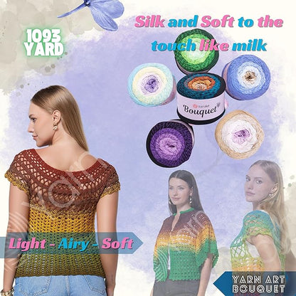 2 Skein Yarn Art Bouquet 100% Cotton 250grx2 550yardsx2 Multicolor Cotton Cake Yarn, Ombre More Softness, Gradient Rainbow Crochet Spring Summer Light 3, Top 5 Most Used Colors (Bouquet 722)