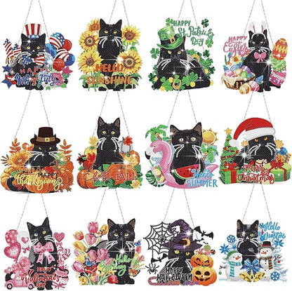 Cinnvoice 12 Pcs Seasonal Diamond Art Wreath Kits Holiday 5d DIY Diamond Art Hanging Signs Winter Spring Ornaments for Wall Door Decoration(Black Cat)