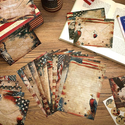 TaoBary 160 Pcs Stationery Paper Set 50 Double Sided Stationery Papers with 50 Matching Envelopes and 60 Round Dot Sticker, 10 Design(Retro Independence Day,5.5 x 8.25 Inch)