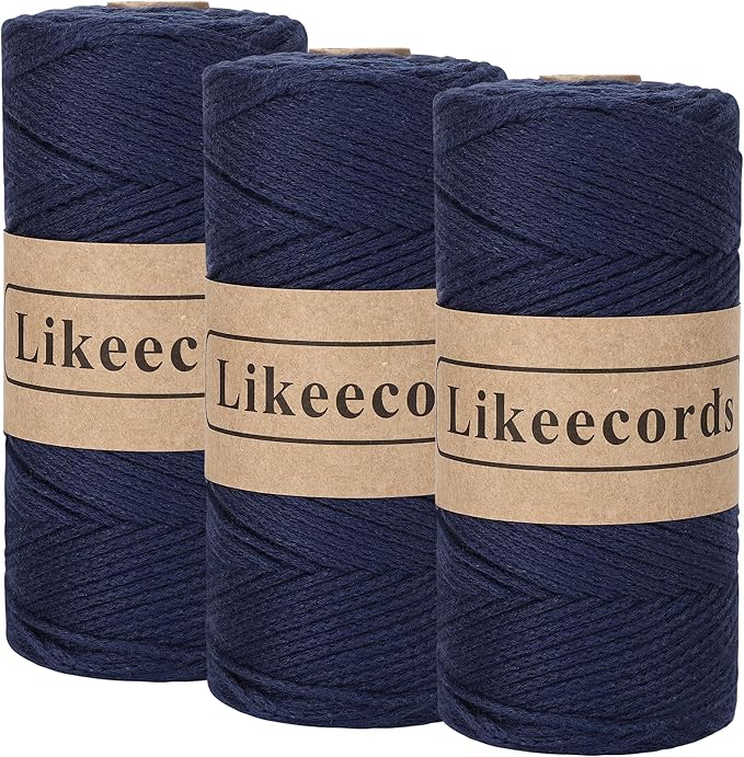 100% Cotton Crochet Yarn for Bag,3 Rolls/Pack 2mm x 510m,Macrame Cord,Chunky Yarn for Crocheting Handbag, Purse,Blankets Crafts Projects (Dark Blue)