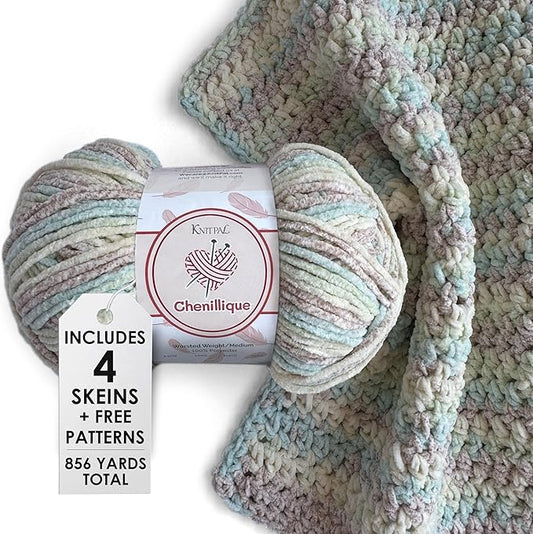 Chenillique Velvet Chenille Yarn for Crocheting, 4-Pack (856Yds / 400G), Free Patterns, Beginners Friendly - Soft Baby Yarn for Knitting Baby Blanket - #4 Medium Worsted Weight - Beach Sand