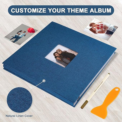 Self Adhesive Photo Album Black Pages Scrapbook Magnetic Photo Albums for 4x6 5x7 8x10 Pictures Books with Sticky Pages with A Metallic Pen for Baby Family Wedding 11x10.6 Blue 40 Pages