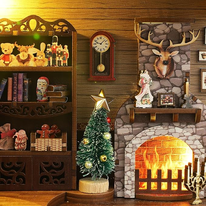 Foyucool DIY Book Nook Kit, Miniature Bookshelf Decor with LED Lights, Laser-Cut Wooden Craft Set for Adults, Creative Gift for Christmas, Birthday, Xmas, Merry Christmas