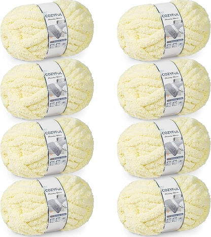 Chunky Yarn for Hand Knitting - #10 Chunky Chenille Yarn, Jumbo Big Thick Chunky Yarns for Crocheting, Super Bulky Chunky Knit Blanket Yarns, 8 Skein (25 yds 8 oz Each Skein), Light Yellow