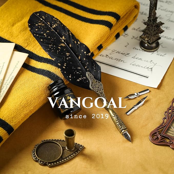 VANGOAL Vintage Black Feather Pen and Ink Set, Classic Series Goose Quill With Carving Stand, Calligraphy Nibs, Black Dip Ink, Antique Writing Gift for Writer