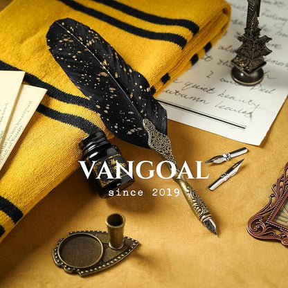 VANGOAL Vintage Black Feather Pen and Ink Set, Classic Series Goose Quill With Carving Stand, Calligraphy Nibs, Black Dip Ink, Antique Writing Gift for Writer