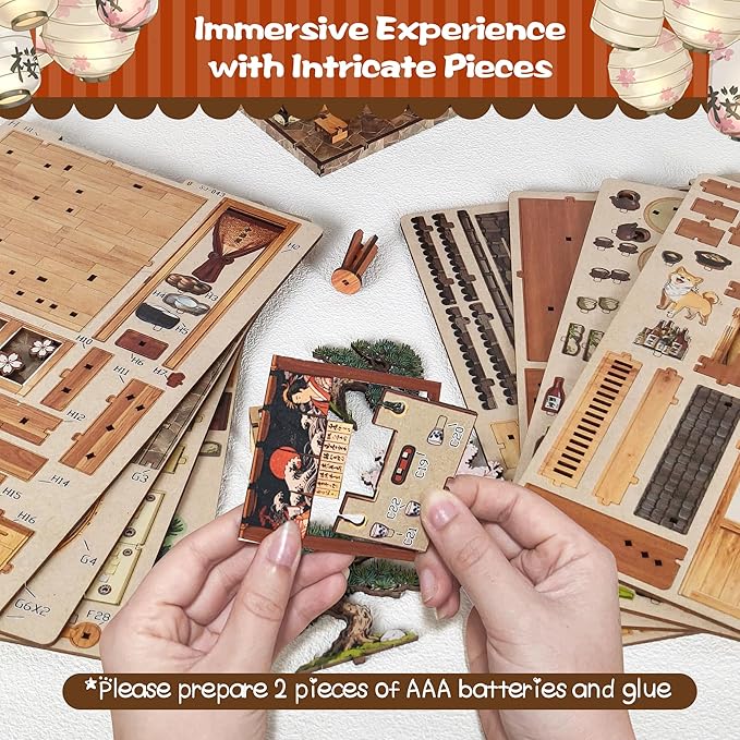 Soothee Japanese DIY Book Nook Kit with LED Lights - 3D Puzzles for Adults & Teens, Miniatures for Bookshelf Decor, Relaxing Craft & Unique Gift for Craft Lovers (Yakitori Grill House)