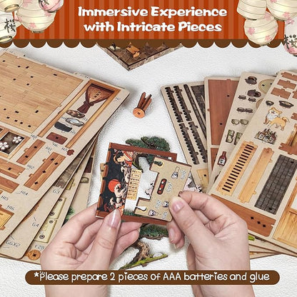 Soothee Japanese DIY Book Nook Kit with LED Lights - 3D Puzzles for Adults & Teens, Miniatures for Bookshelf Decor, Relaxing Craft & Unique Gift for Craft Lovers (Yakitori Grill House)