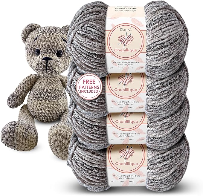 Chenillique Velvet Chenille Yarn for Crocheting, 4-Pack (856Yds / 400G), Free Patterns, Beginners Friendly - Soft Baby Yarn for Knitting Baby Blanket - #4 Medium Worsted Weight - Cozy Grey