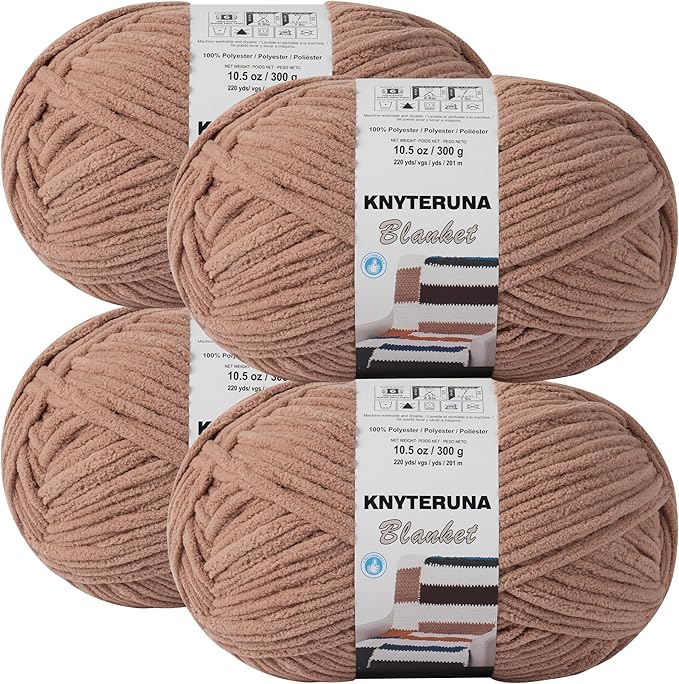 #6 Super Bulky Blanket Yarn for Crocheting - 4 Skeins(Each 10.5oz/300g, 220yds/201m), Chunky Chenille Thick Plush Big Soft Yarn for Crocheting Knitting Blankets, Light Coffee