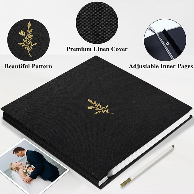 Remowith Self Adhesive Photo Album, Black Scrapbook Album with DIY 40 Blank Pages, Wedding Photo Album with A Metallic Pen for 4x6 5x7 2x3 Pictures, 10.6"x11"