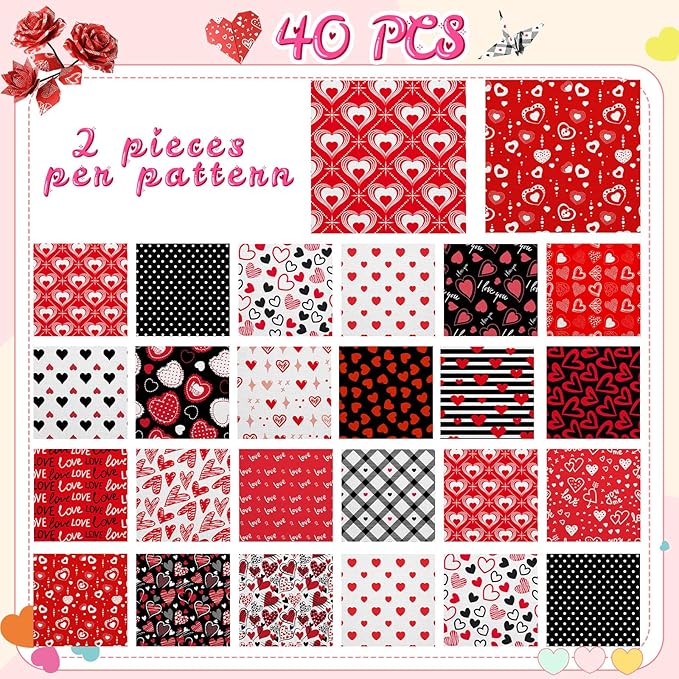 Fainne 40 Sheet 12 x 12 Inch Valentine‘S Day Scrapbook Paper Double Sided Scrapbook Specialty Paper Black Red Heart Love Printed for DIY Handmade Crafting Home Party Decor Card Making