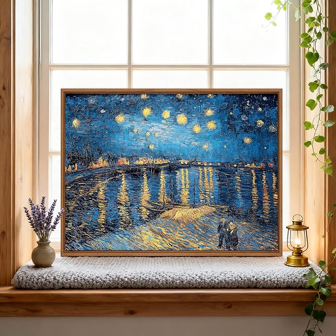 WENGTIAO Framed Canvas Wall Art of Starry Night Over The Rhone by Van Gogh Oil Paintings Famous Artist Reproduction Artwork Pictures Giclee Canvas Prints for Living Room Bedroom Study 16”x24”