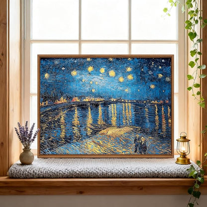 WENGTIAO Framed Canvas Wall Art of Starry Night Over The Rhone by Van Gogh Oil Paintings Famous Artist Reproduction Artwork Pictures Giclee Canvas Prints for Living Room Bedroom Study 16”x24”