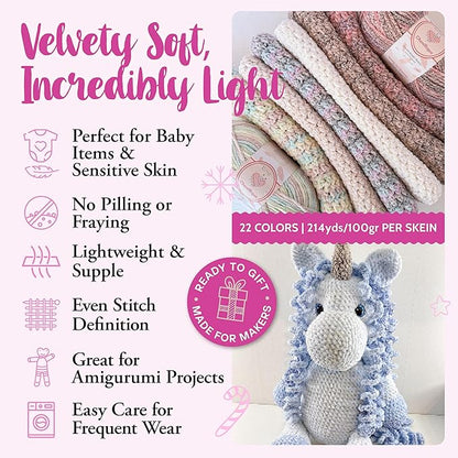 Chenillique Velvet Chenille Yarn for Crocheting, 4-Pack (856Yds / 400G), Free Patterns, Beginners Friendly - Soft Baby Yarn for Knitting Baby Blanket - #4 Medium Worsted Weight - Dreamy Sky