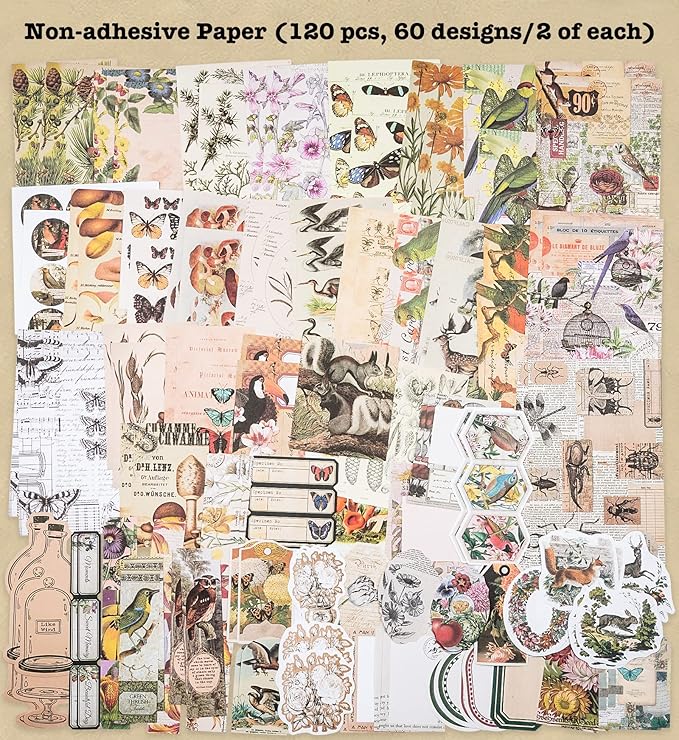 Knaid 200 Pieces Vintage Ephemera Pack Decoupage Paper Junk Journal Kit Scrapbook Planner Sticker Supplies for Art Journaling Bullet Journals Collage Craft Notebooks Album Crafter Gifts (Forest)