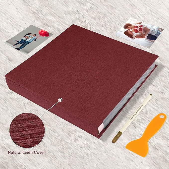 Photo Album Self Adhesive Pages Black Sticky Pages Large Scrapbook Linen Cover for 4x6 5x7 8x10 Pictures Album de Fotos Wedding Couples Baby Family Memory Book, 13.2x12.8 Red 120 Pages