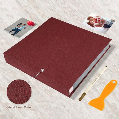 Photo Album Self Adhesive Pages Black Sticky Pages Large Scrapbook Linen Cover for 4x6 5x7 8x10 Pictures Album de Fotos Wedding Couples Baby Family Memory Book, 13.2x12.8 Red 120 Pages