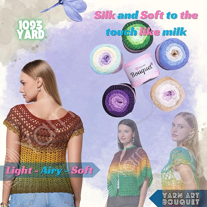 2 Skein Yarn Art Bouquet 100% Cotton 250grx2 550yardsx2 Multicolor Cotton Cake Yarn, Ombre More Softness, Gradient Rainbow Crochet Spring Summer Light 3, Top 5 Most Used Colors (Bouquet 702)