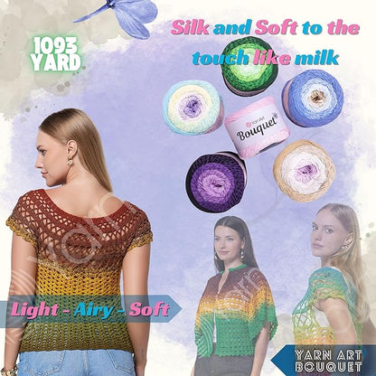 2 Skein Yarn Art Bouquet 100% Cotton 250grx2 550yardsx2 Multicolor Cotton Cake Yarn, Ombre More Softness, Gradient Rainbow Crochet Spring Summer Light 3, Top 5 Most Used Colors (Bouquet 702)