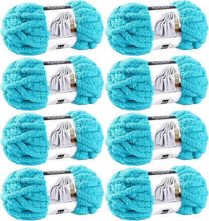 Chunky Chenille Yarn for Hand Knitting 8 Jumbo Pack Jumbo Chunky Yarn for Hand Soft Blanket Knitting, Bulky Thick Fluffy Yarn for Crocheting (Lake Blue)