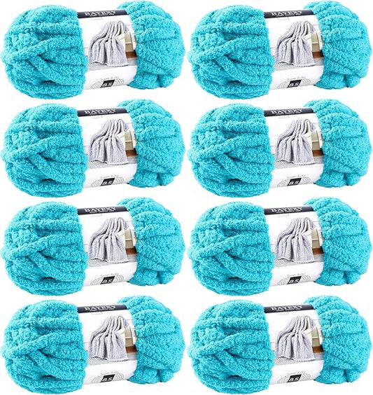 Chunky Chenille Yarn for Hand Knitting 8 Jumbo Pack Jumbo Chunky Yarn for Hand Soft Blanket Knitting, Bulky Thick Fluffy Yarn for Crocheting (Lake Blue)