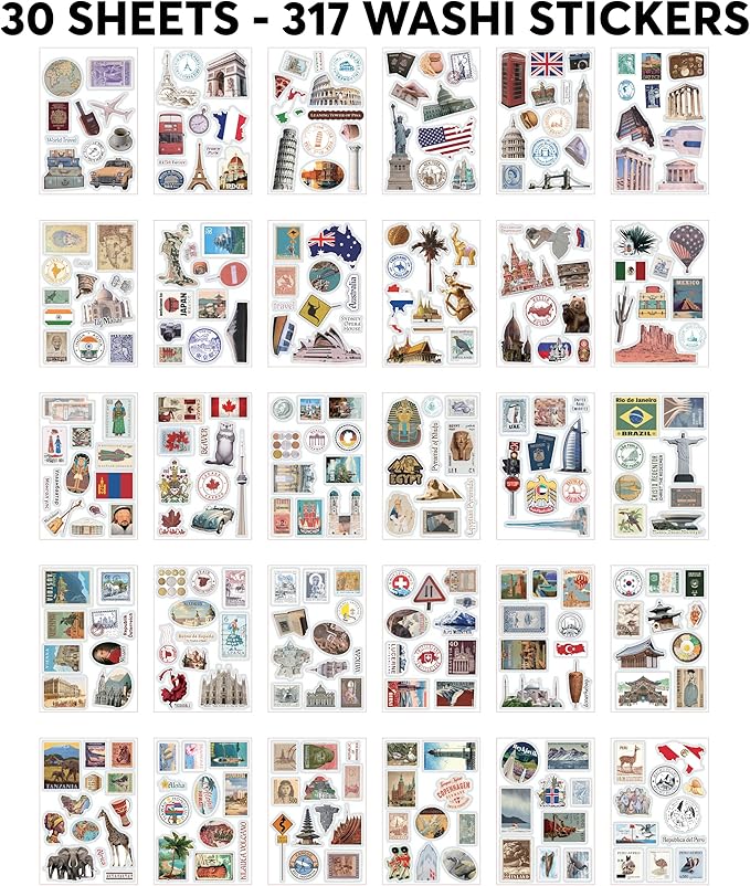 Fayware 300+ Travel Stickers for Scrapbooking & 20 A5 Papers - Pre-Cut Washi Stickers for Journaling, Vintage Travel Scrapbooking Supplies, Junk Journals Stickers
