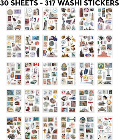 Fayware 300+ Travel Stickers for Scrapbooking & 20 A5 Papers - Pre-Cut Washi Stickers for Journaling, Vintage Travel Scrapbooking Supplies, Junk Journals Stickers