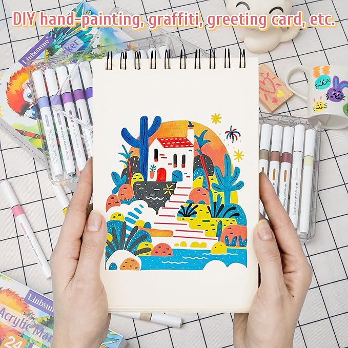 Linbsunne Paint Markers for Book Drawing, Coloring Illustrations, Ceramics, Card making, Note taking Planner,Set of 24 colors