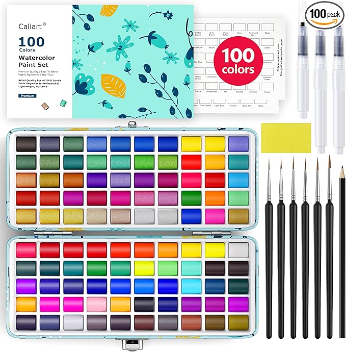 Caliart Watercolor Paint Set, 100 Colors Portable Travel Water Color Palette Kit with Detail Paint Brush, Art Supplies for Painting Coloring, Christmas Gifts for Artist Adult Teen Girls Boys Beginners