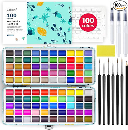 Caliart Watercolor Paint Set, 100 Colors Portable Travel Water Color Palette Kit with Detail Paint Brush, Art Supplies for Painting Coloring, Christmas Gifts for Artist Adult Teen Girls Boys Beginners