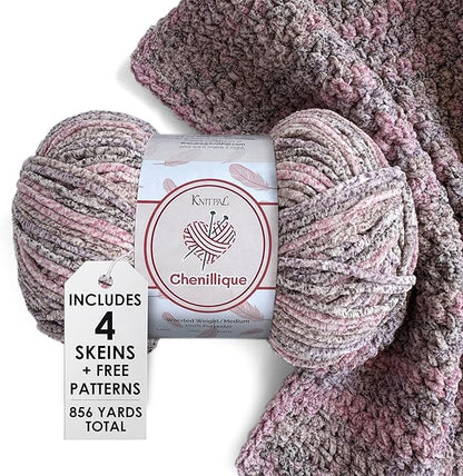Chenillique Velvet Chenille Yarn for Crocheting, 4-Pack (856Yds / 400G), Free Patterns, Beginners Friendly - Soft Baby Yarn for Knitting Baby Blanket - #4 Medium Worsted Weight - Enchanted Berry