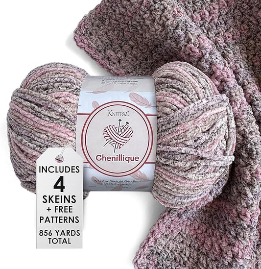 Chenillique Velvet Chenille Yarn for Crocheting, 4-Pack (856Yds / 400G), Free Patterns, Beginners Friendly - Soft Baby Yarn for Knitting Baby Blanket - #4 Medium Worsted Weight - Enchanted Berry