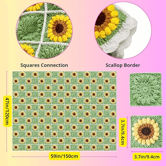 CSWCS Crochet Sunflower Blanket Kit for Beginners, Granny Square Pattern Crochet Yarn Accessories, Instructions Video for Starter, Adult Craft Knitting Kit for DIY Women (Green Sunflower)