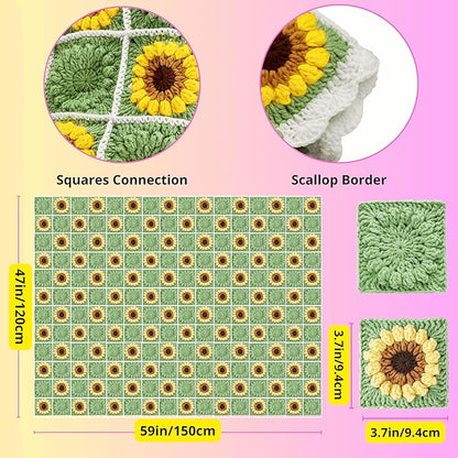 CSWCS Crochet Sunflower Blanket Kit for Beginners, Granny Square Pattern Crochet Yarn Accessories, Instructions Video for Starter, Adult Craft Knitting Kit for DIY Women (Green Sunflower)